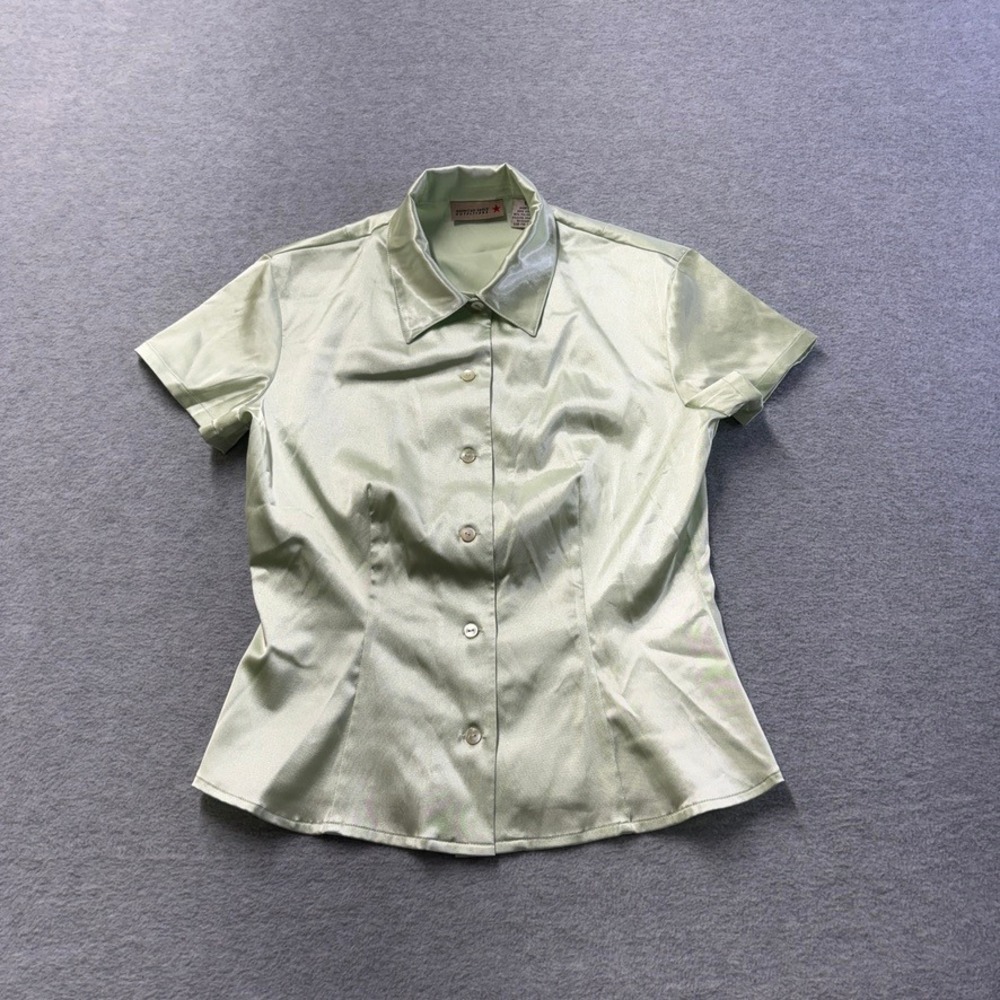 Vintage American Eagle Outfitters Shirt Womens Small Green Satin Button Down Y2K